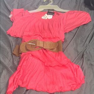 My Michelle Pink Off-Shoulder Blouse with Tan Belt